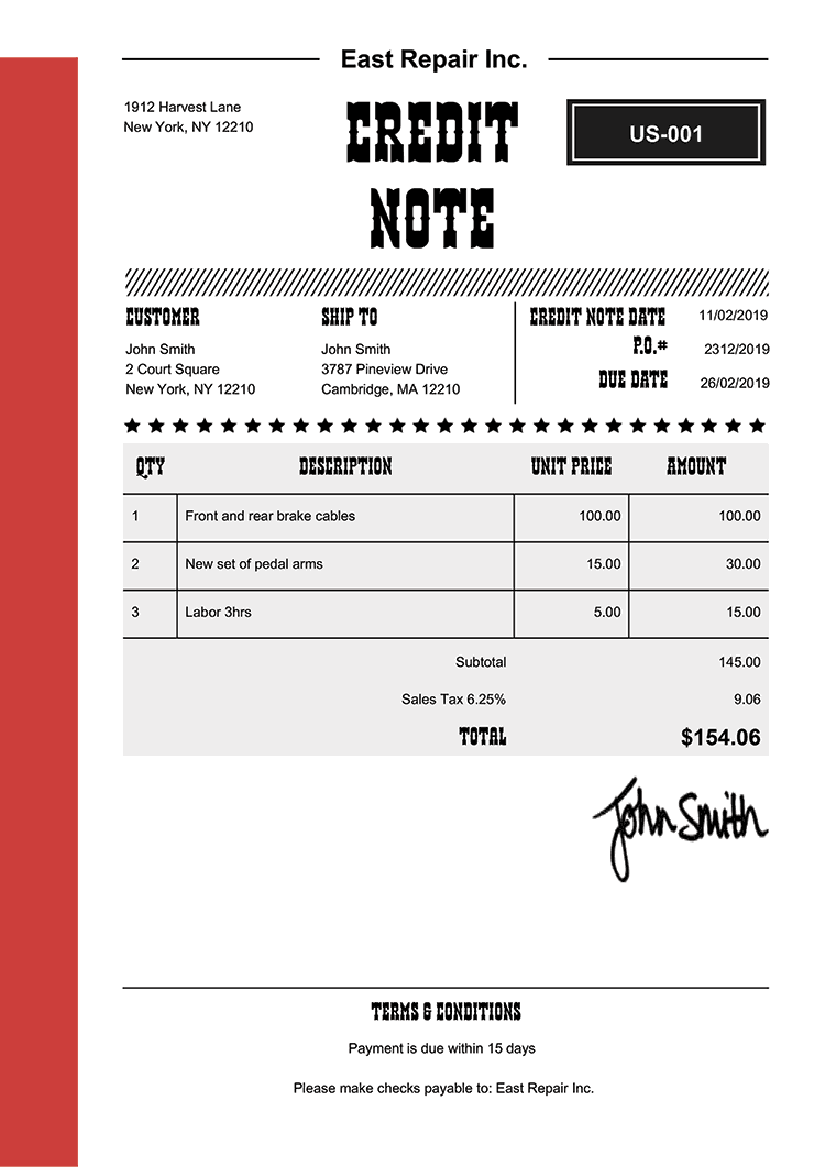 Credit Note Template Us Western Red 