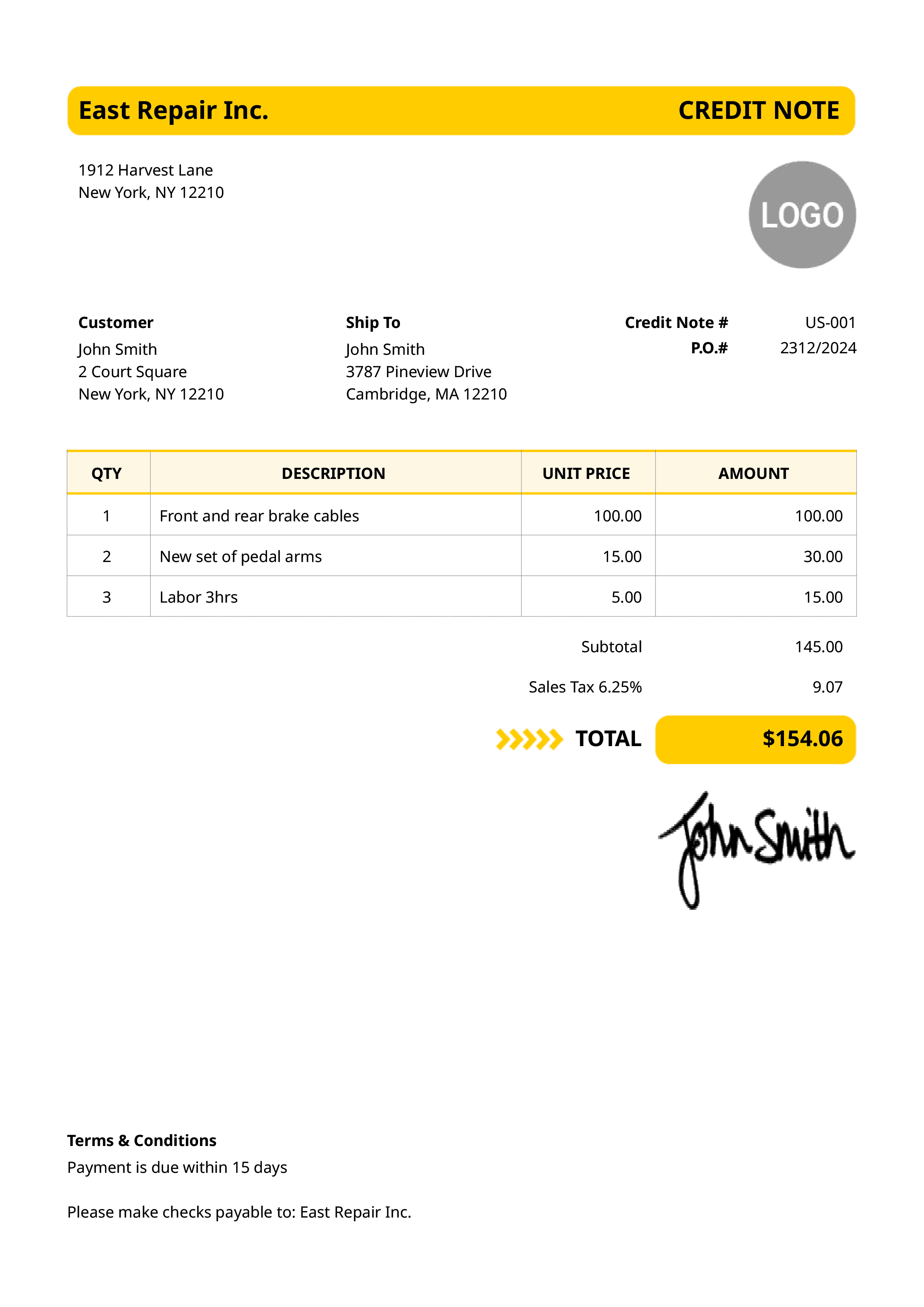 Credit Note Template Us Wikilane 