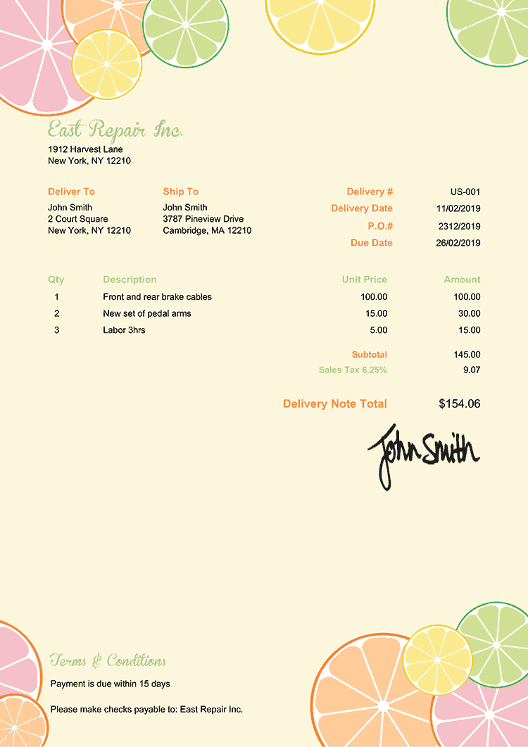 Delivery Note Template Us Citrus 