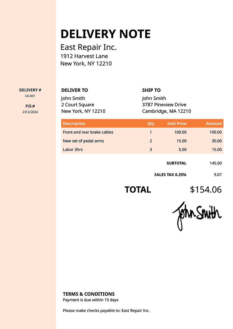 Delivery Note Template Us Column Orange 