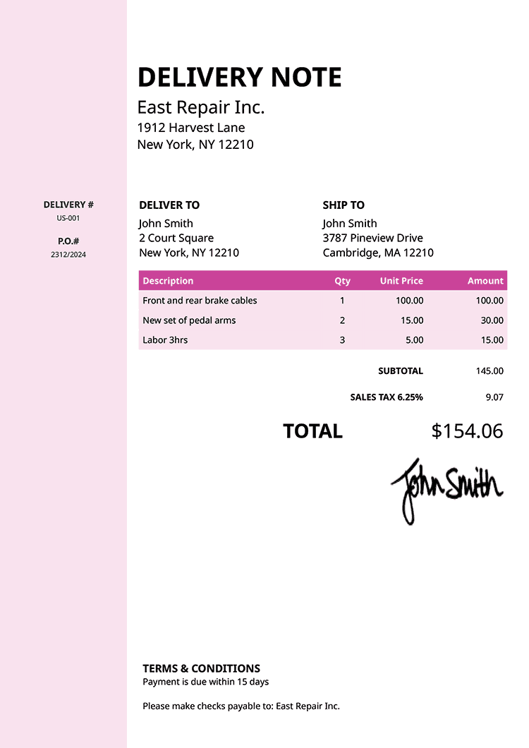 Delivery Note Template Us Column Pink 