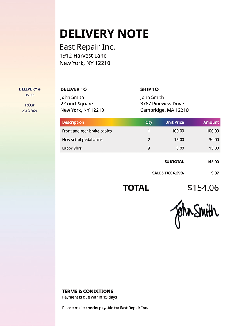 Delivery Note Template Us Column Rainbow 