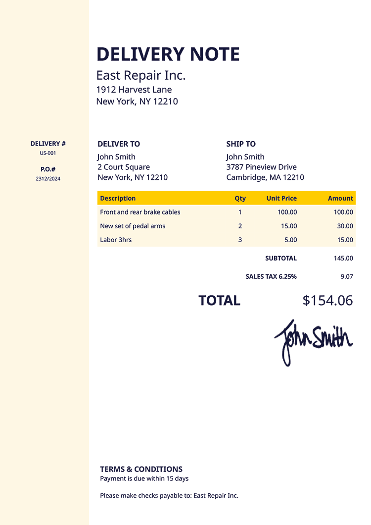 Delivery Note Template Us Column Yellow 