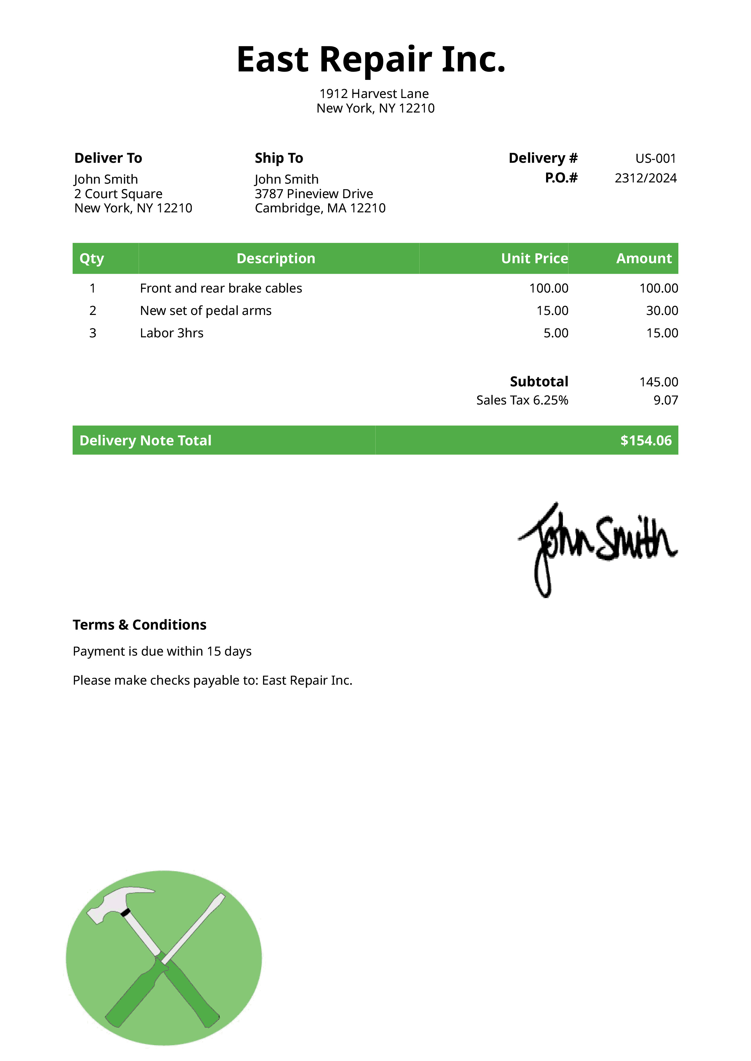 Delivery Note Template Us Contractor Green 