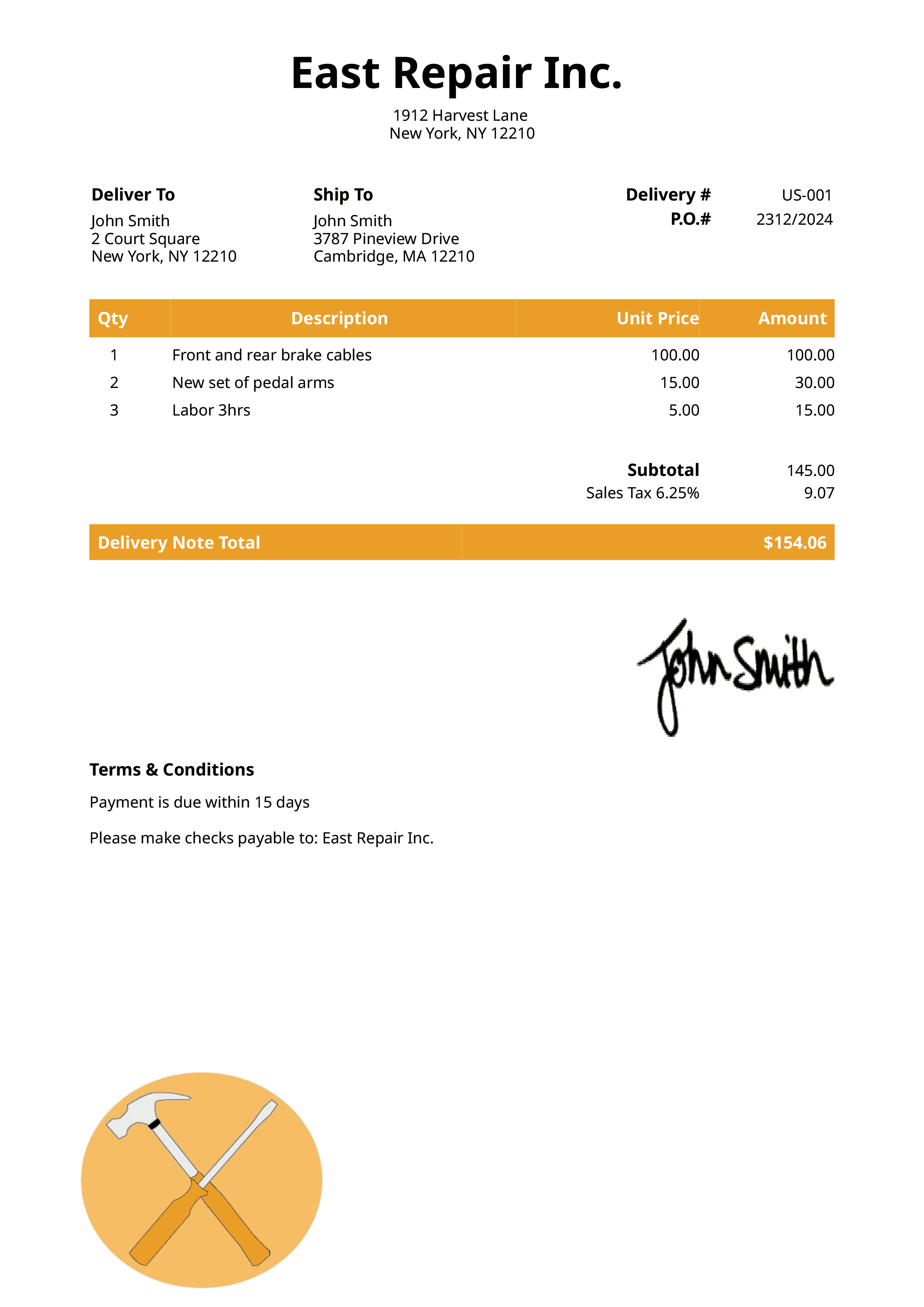 Delivery Note Template Us Contractor Yellow 