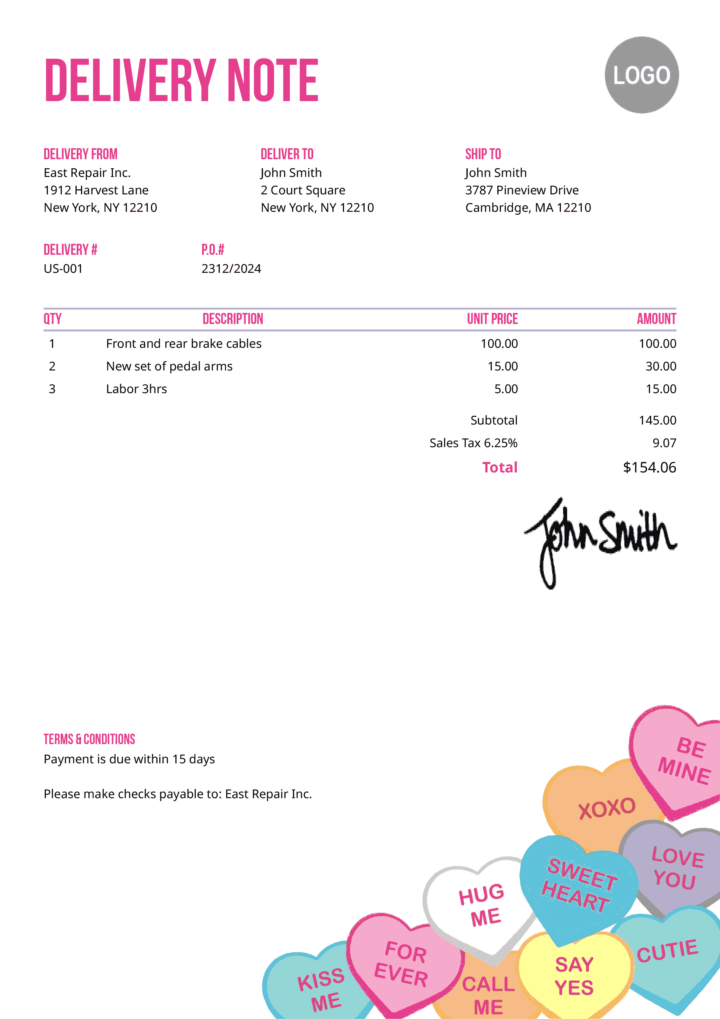 Delivery Note Template Us Conversation Hearts 