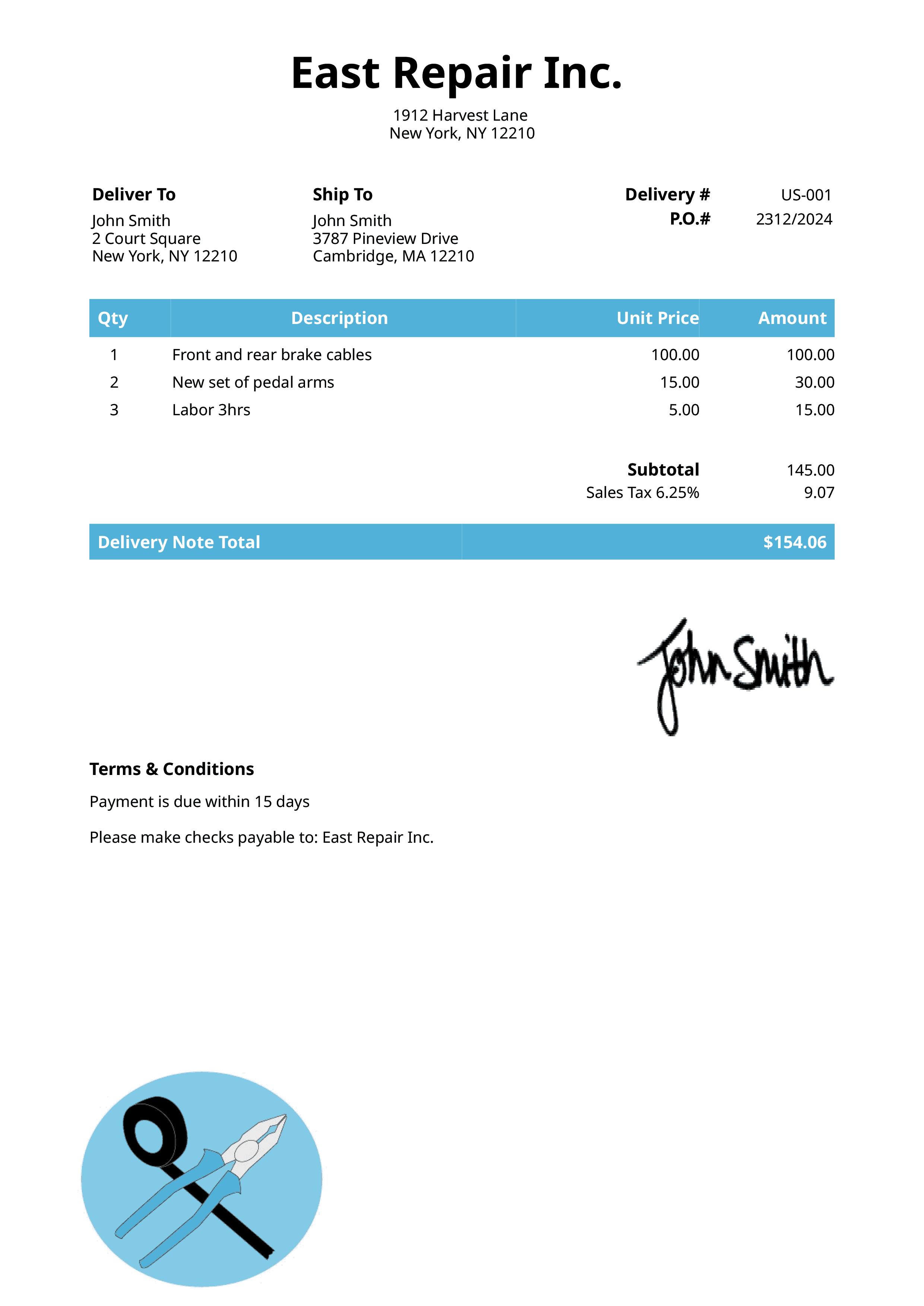 Delivery Note Template Us Electrician Light Blue 