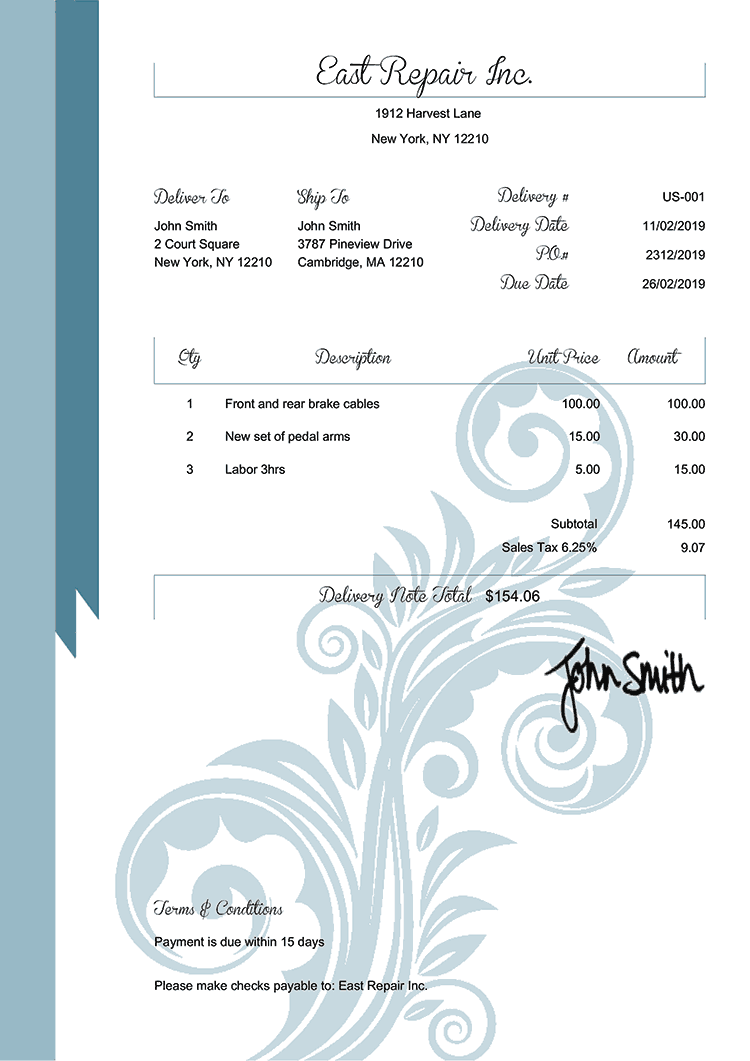Delivery Note Template Us Elegance Blue 