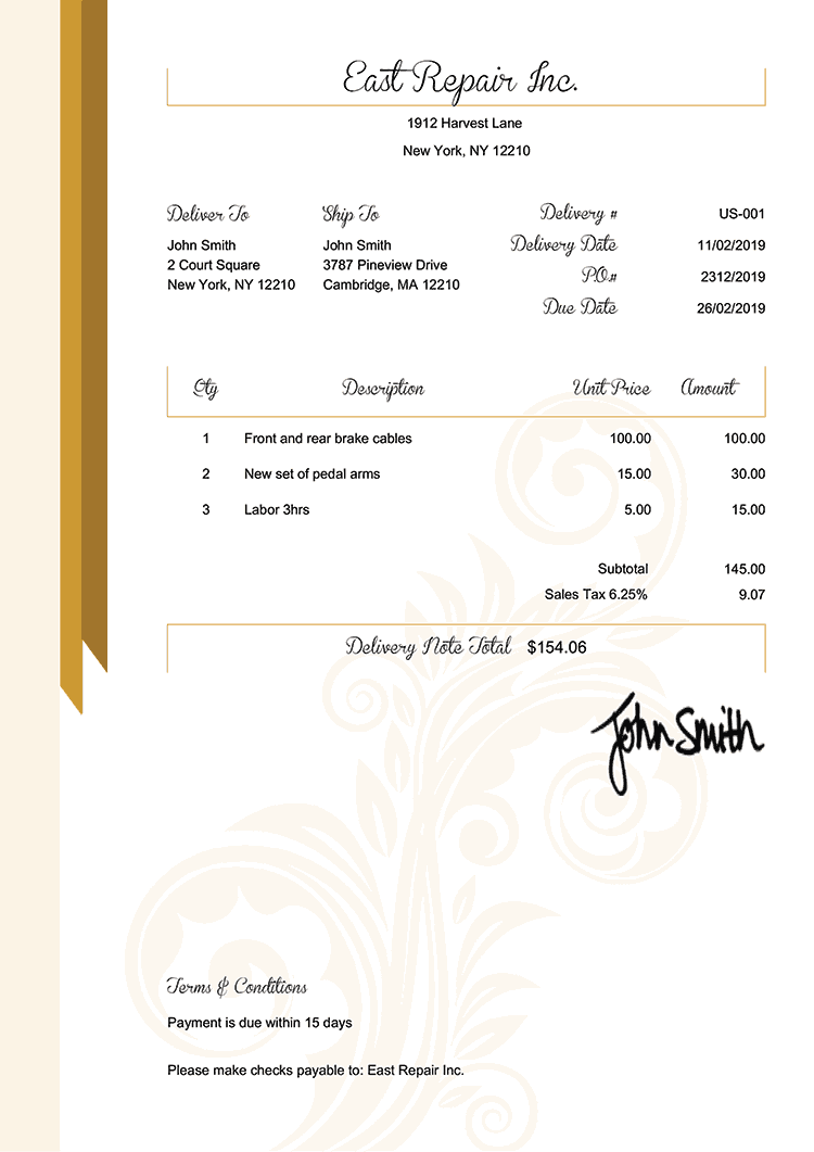 Delivery Note Template Us Elegance Gold 