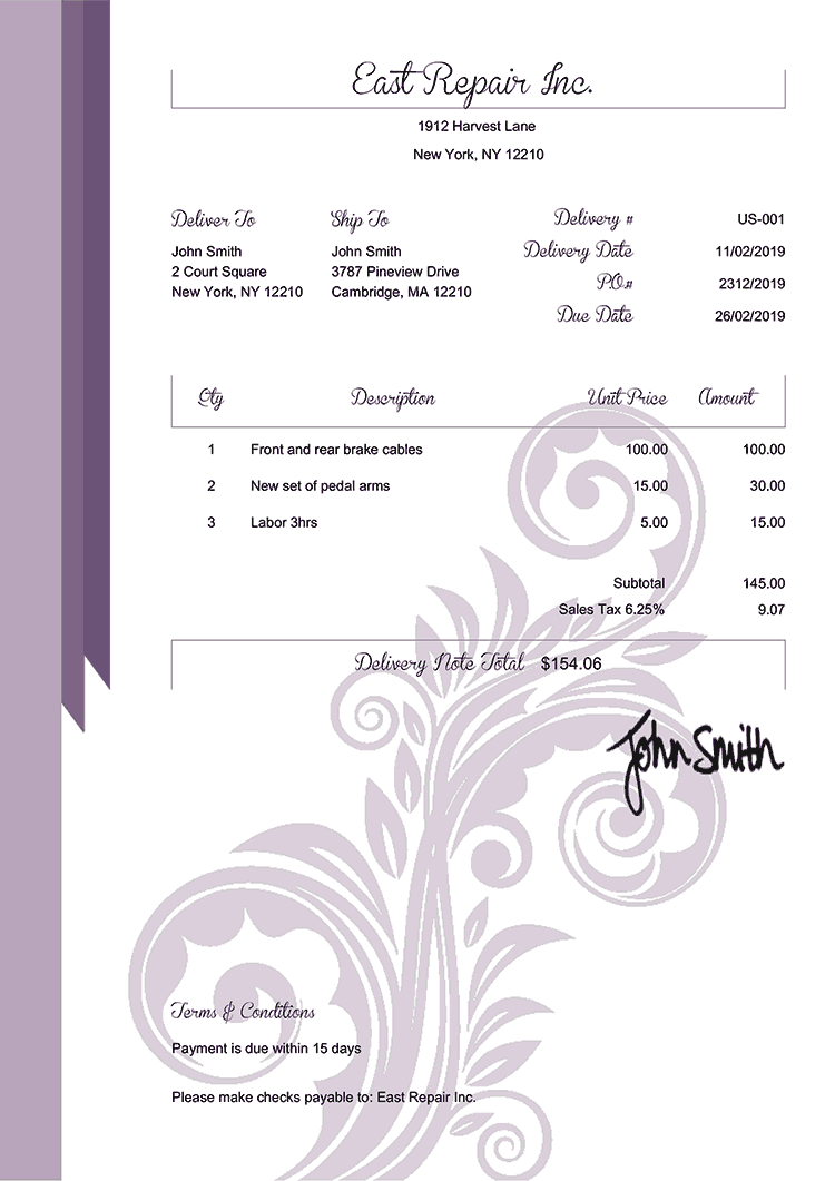 Delivery Note Template Us Elegance Purple 