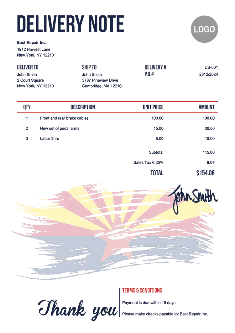 Delivery Note Template Us Flag Of Arizona 
