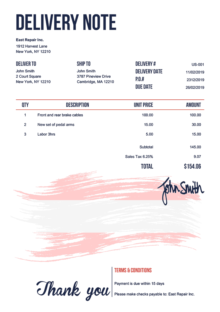 Delivery Note Template Us Flag Of Austria 