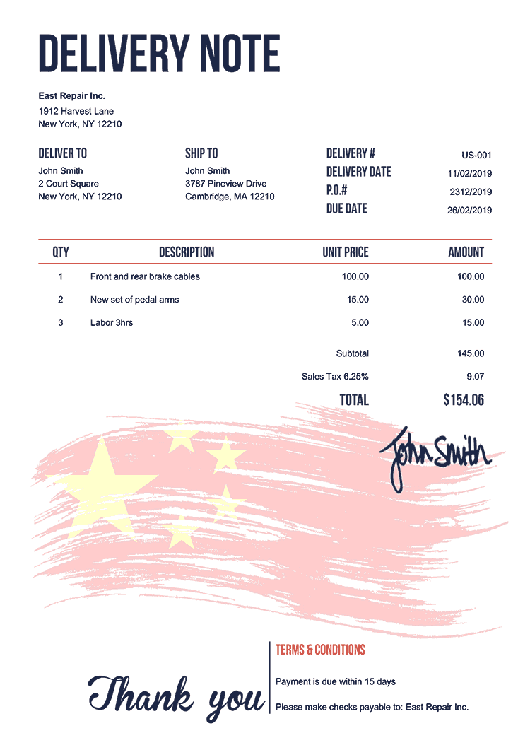 Delivery Note Template Us Flag Of China 