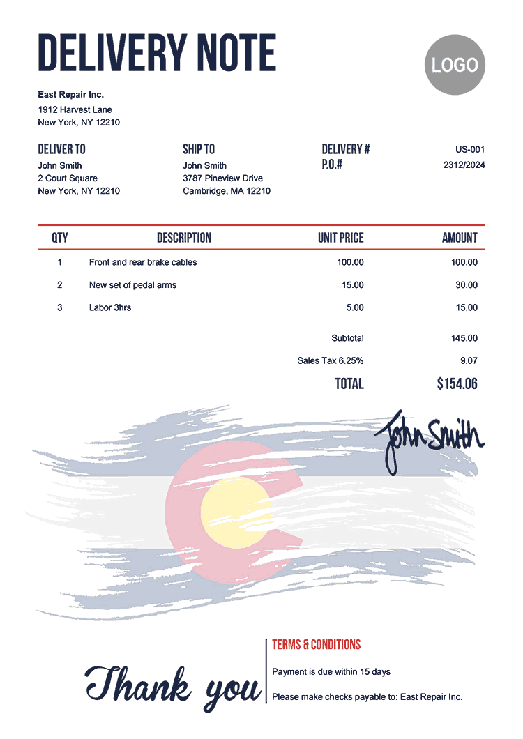Delivery Note Template Us Flag Of Colorado 