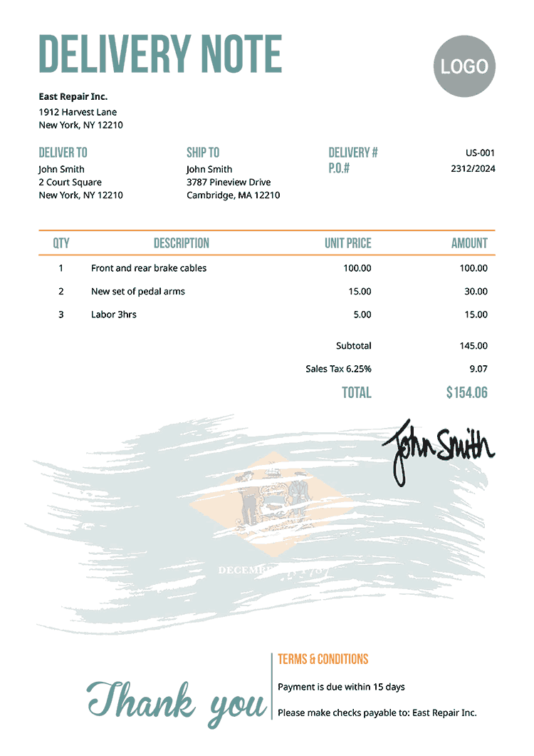 Delivery Note Template Us Flag Of Delaware 