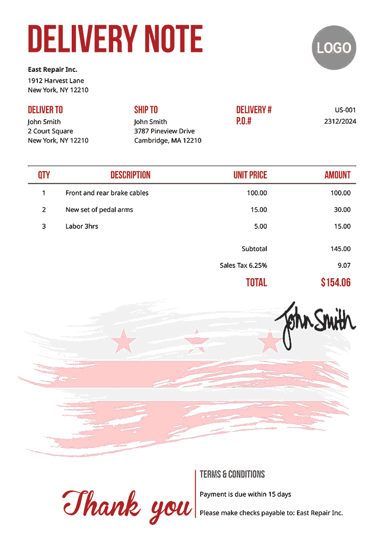 Delivery Note Template Us Flag Of District Of Columbia 