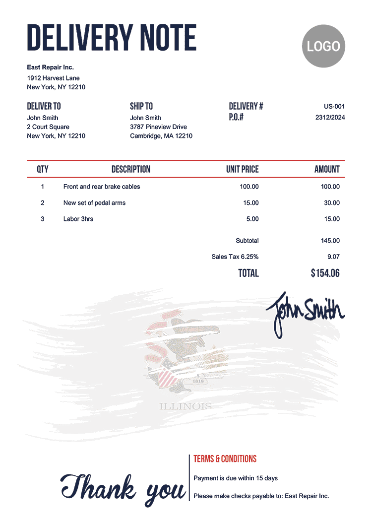 Delivery Note Template Us Flag Of Illinois 