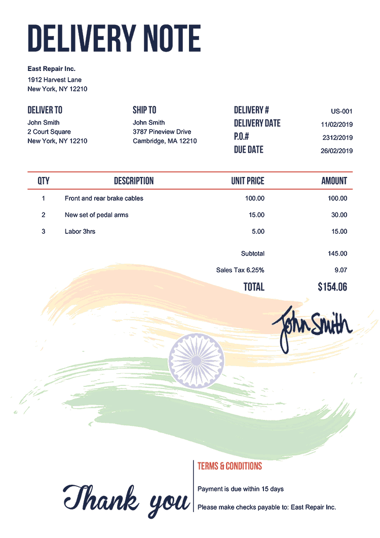 Delivery Note Template Us Flag Of India 