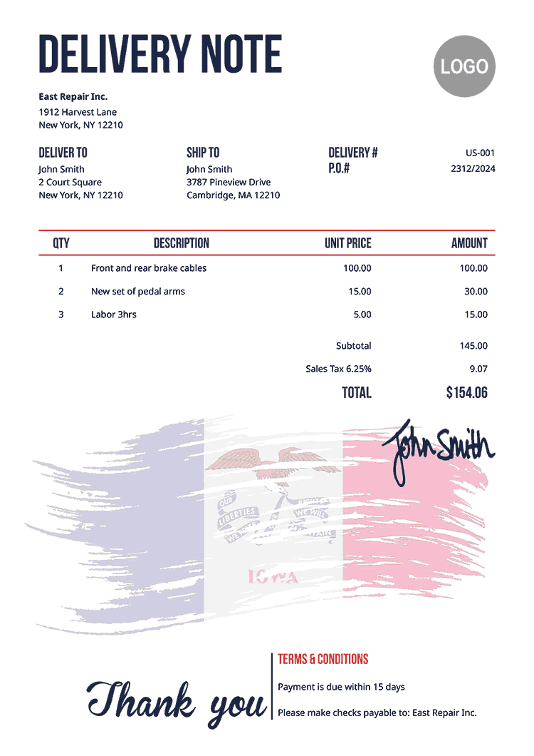 Delivery Note Template Us Flag Of Iowa 