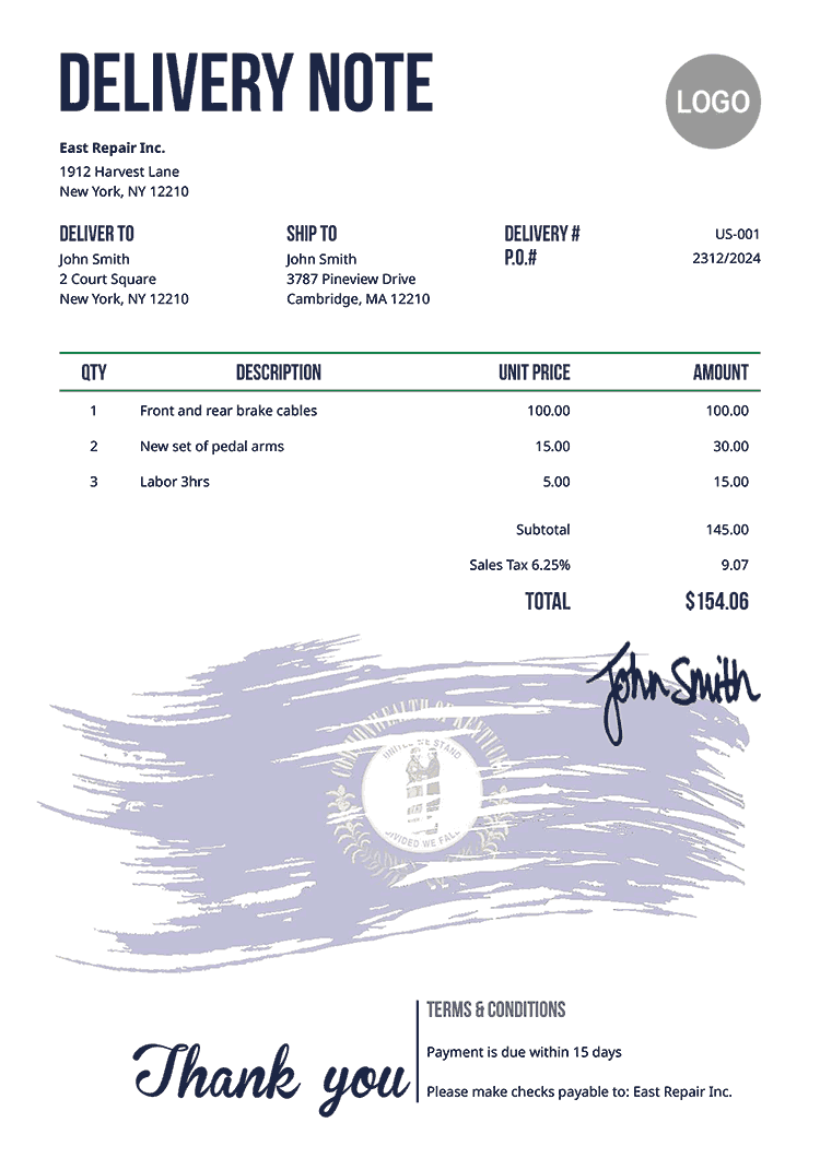 Delivery Note Template Us Flag Of Kentucky 