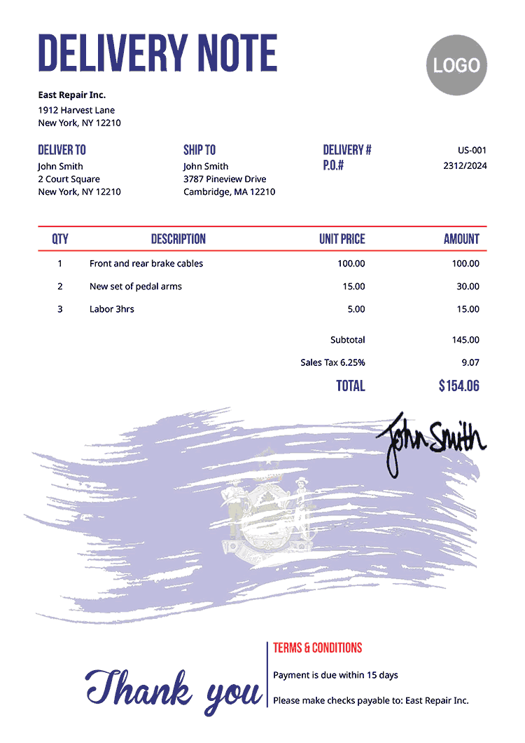 Delivery Note Template Us Flag Of Maine 