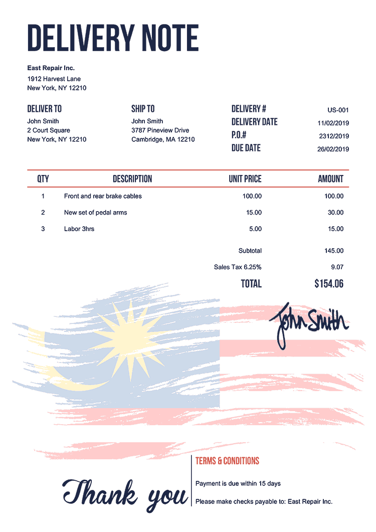 Delivery Note Template Us Flag Of Malaysia 