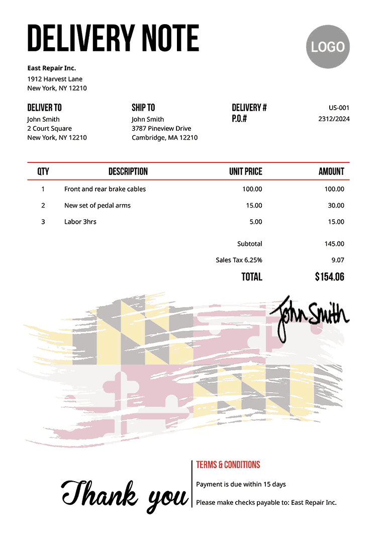Delivery Note Template Us Flag Of Maryland 