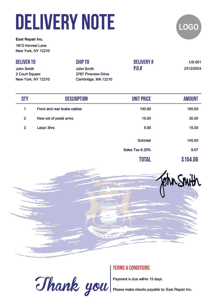 Delivery Note Template Us Flag Of Michigan 