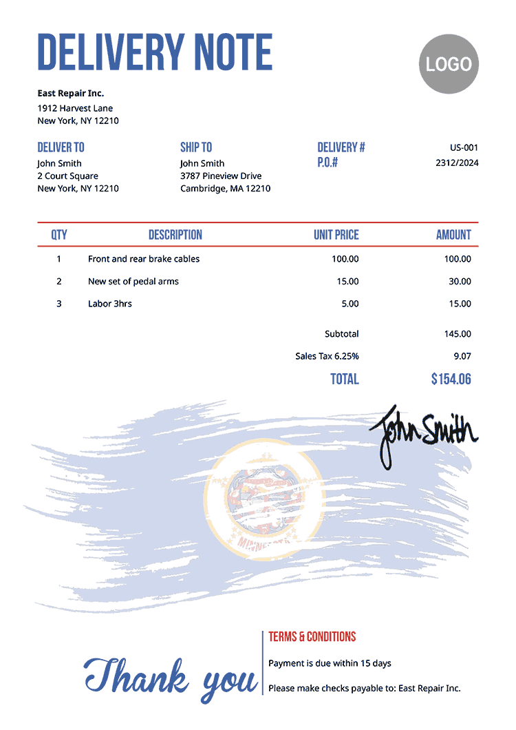 Delivery Note Template Us Flag Of Minnesota 