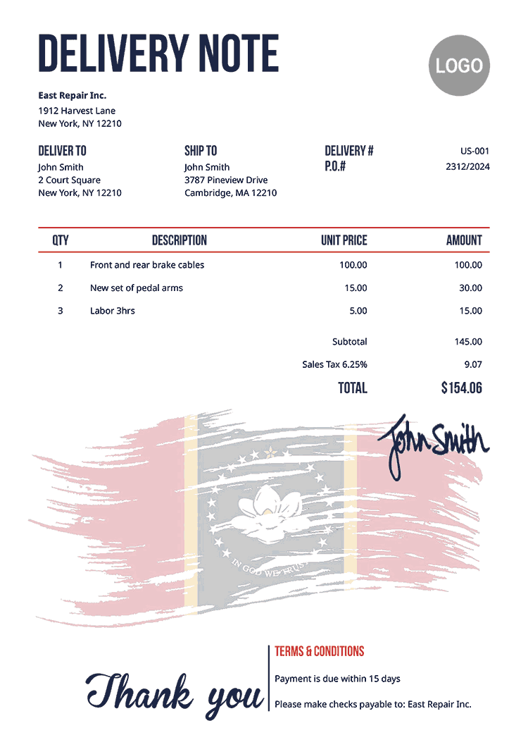 Delivery Note Template Us Flag Of Mississippi 