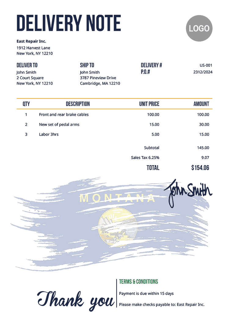 Delivery Note Template Us Flag Of Montana 