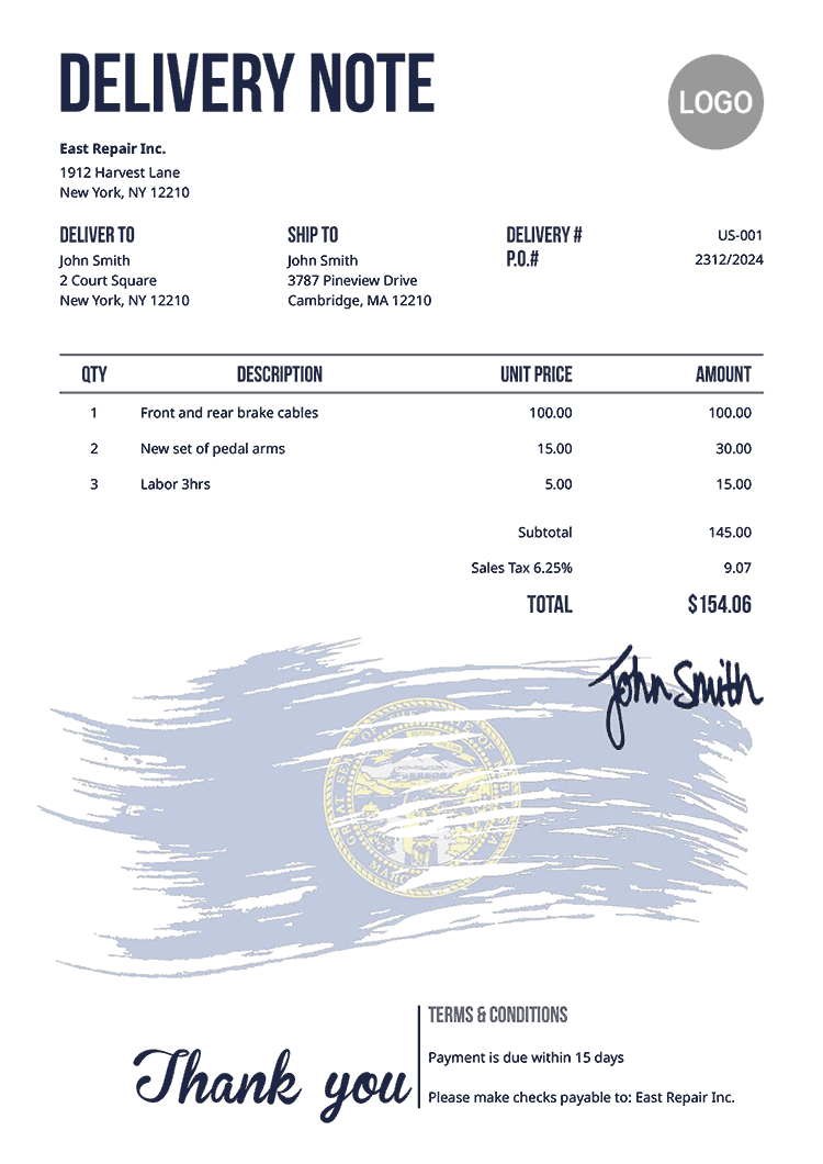 Delivery Note Template Us Flag Of Nebraska 