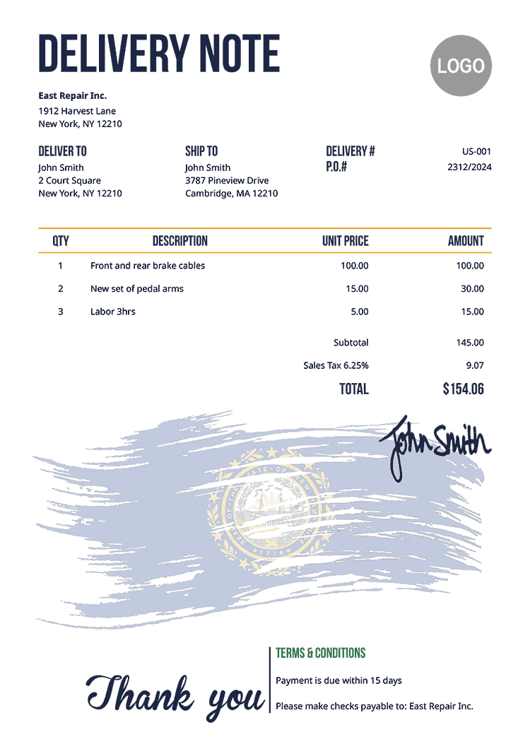 Delivery Note Template Us Flag Of New Hampshire 