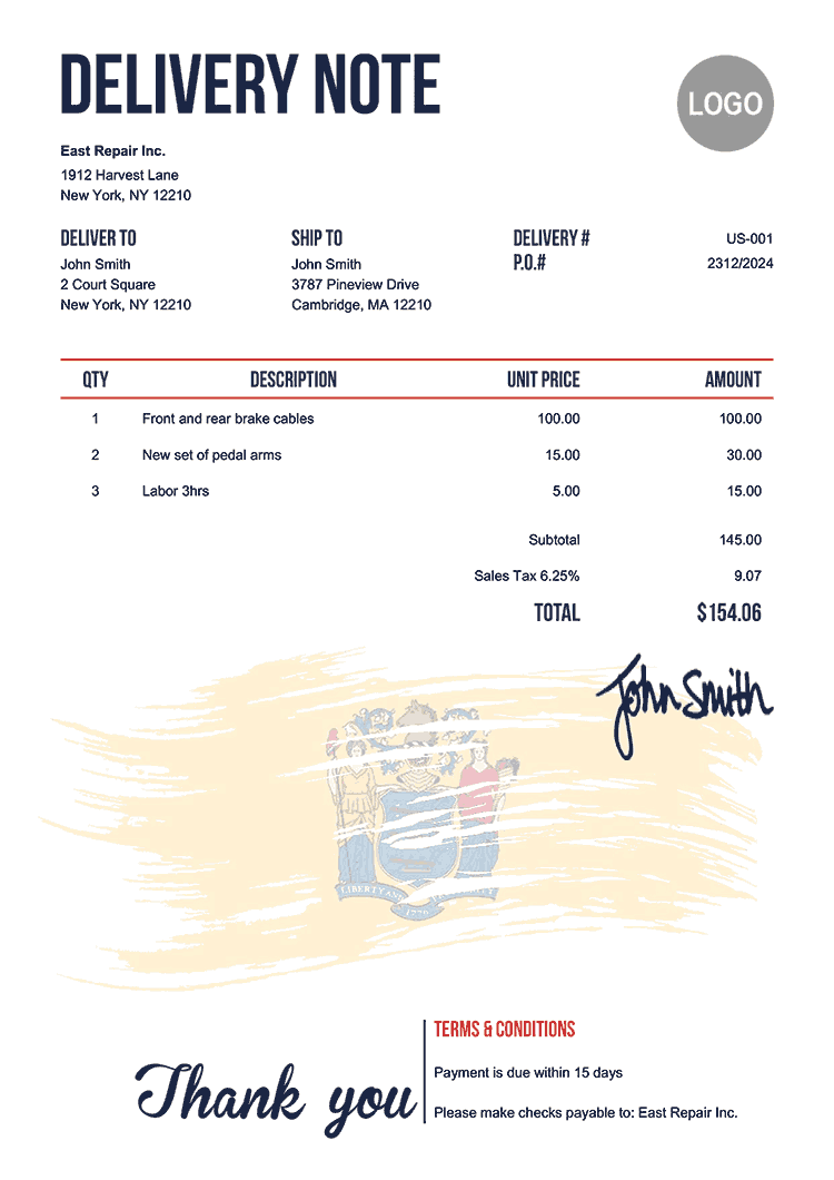 Delivery Note Template Us Flag Of New Jersey 
