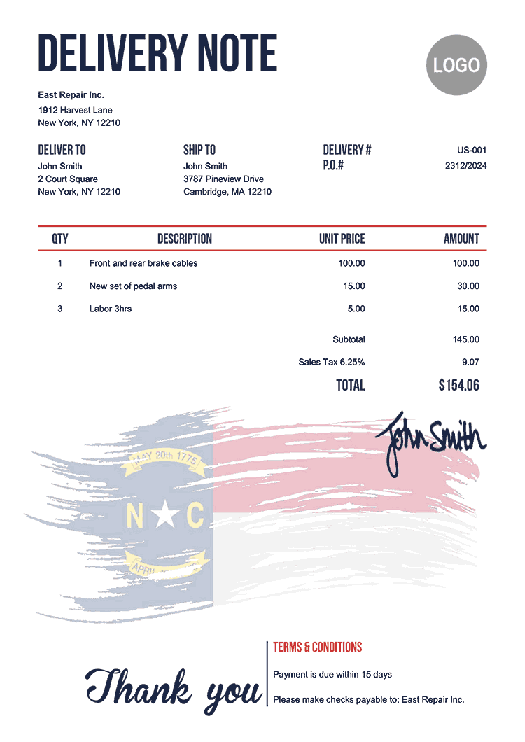 Delivery Note Template Us Flag Of North Carolina 