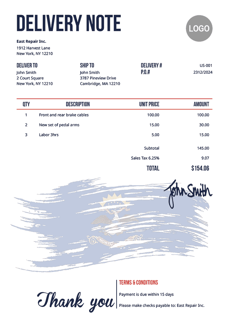 Delivery Note Template Us Flag Of North Dakota 