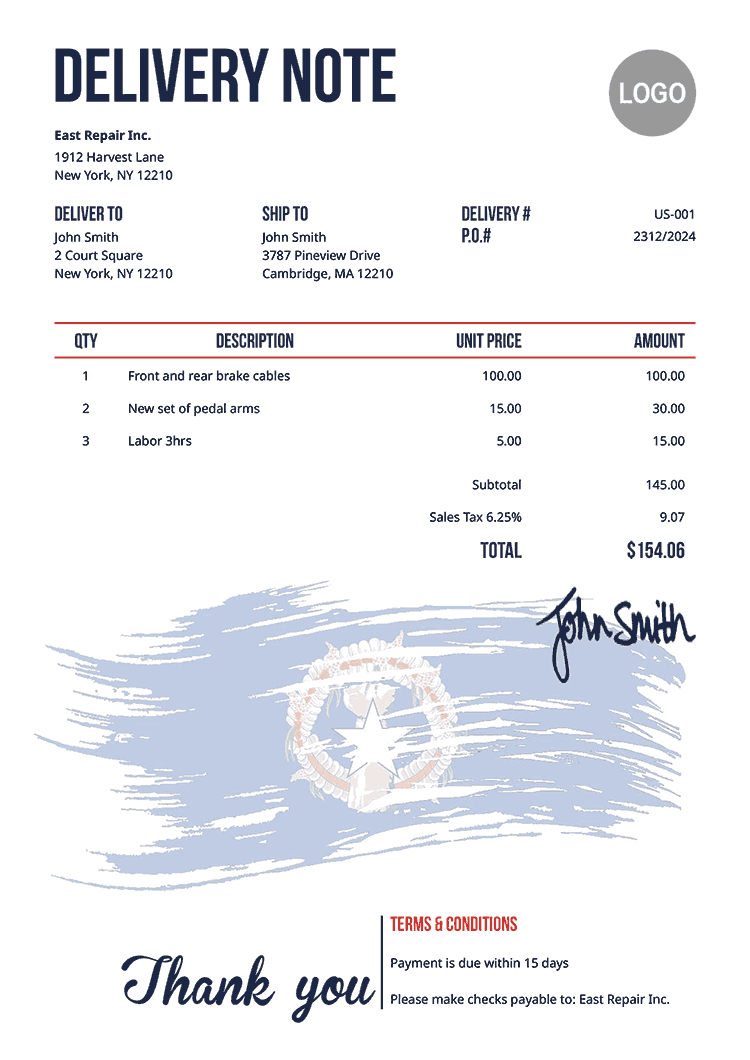 Delivery Note Template Us Flag Of Northern Mariana Islands 