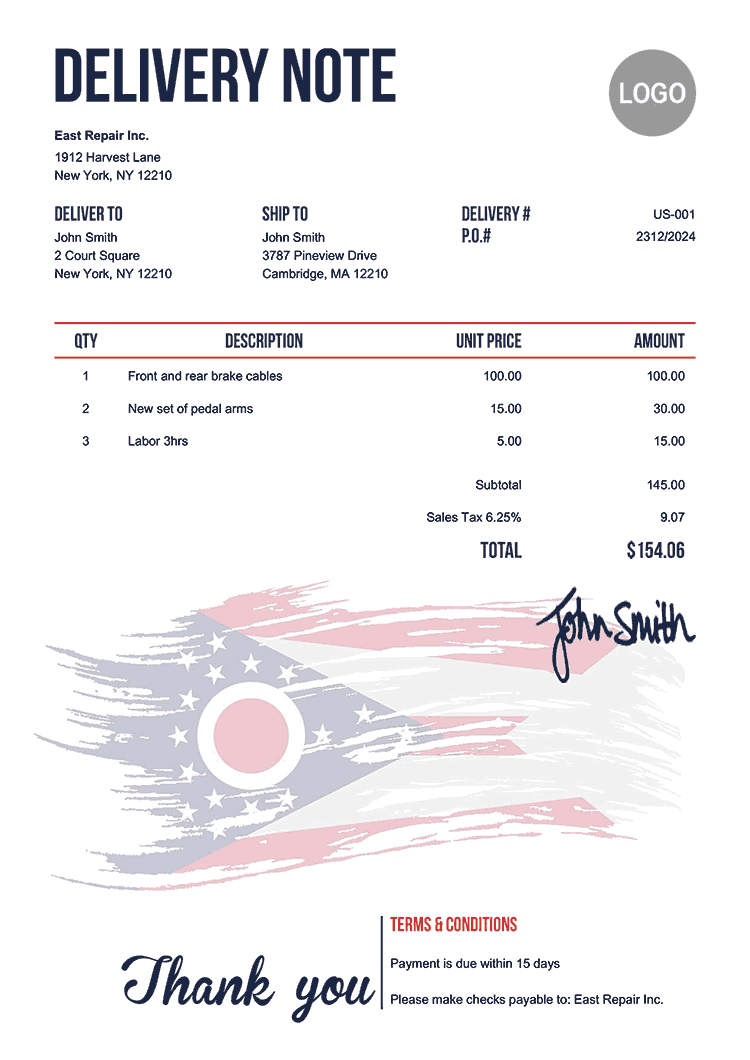 Delivery Note Template Us Flag Of Ohio 