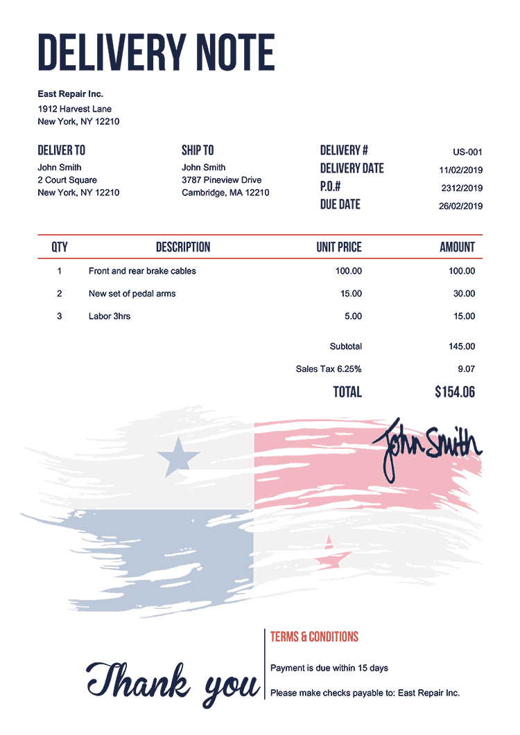 Delivery Note Template Us Flag Of Panama 