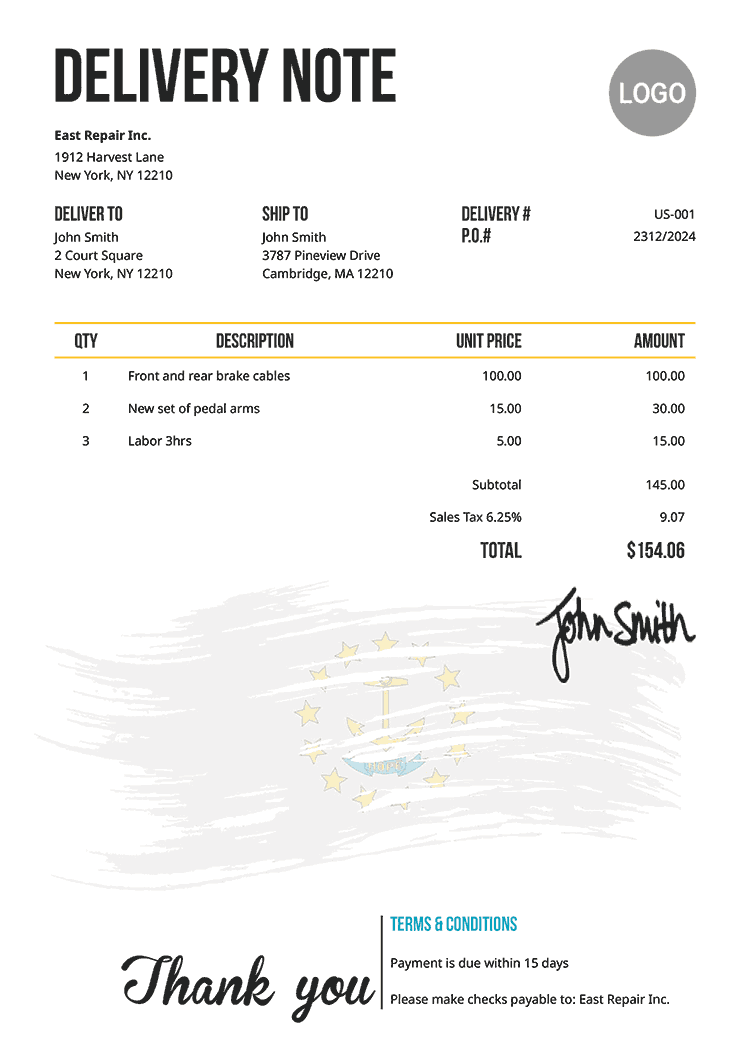 Delivery Note Template Us Flag Of Rhode Island 