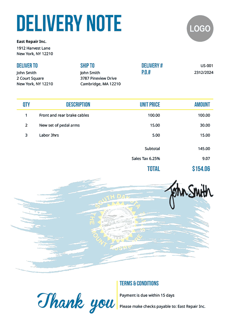 Delivery Note Template Us Flag Of South Dakota 