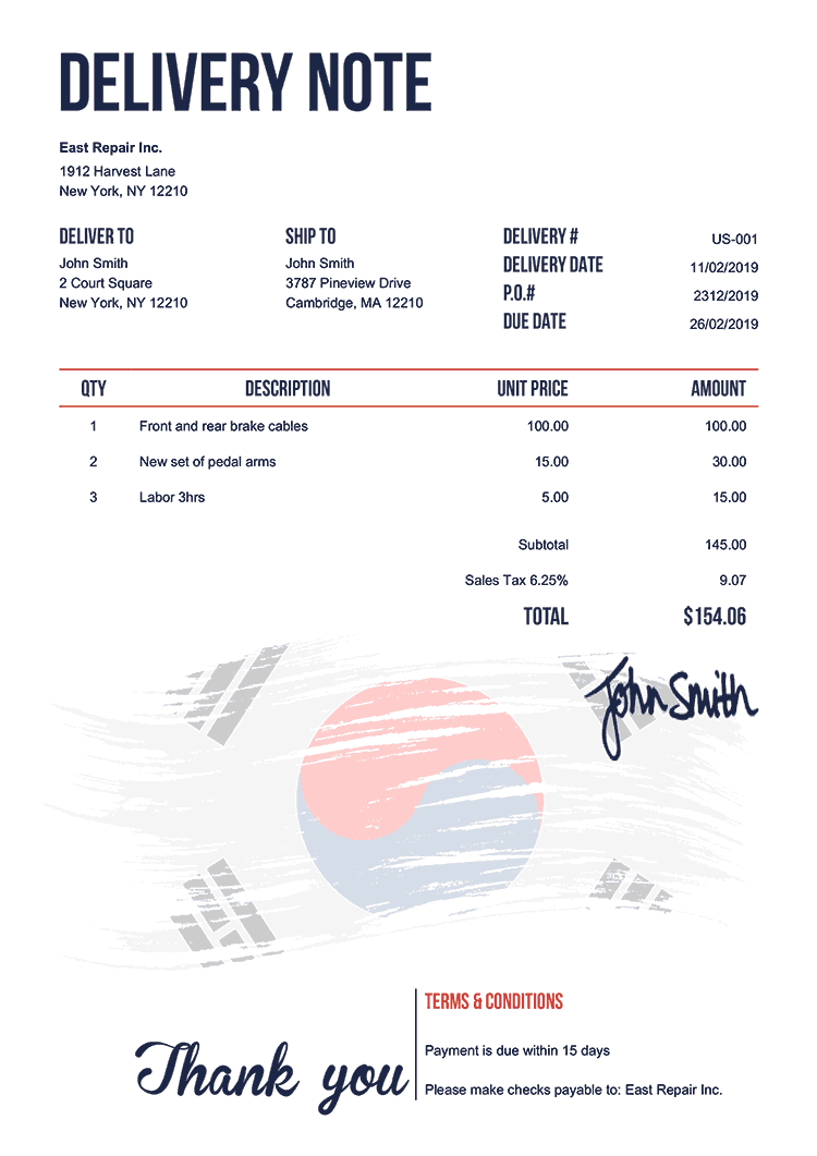 Delivery Note Template Us Flag Of South Korea 