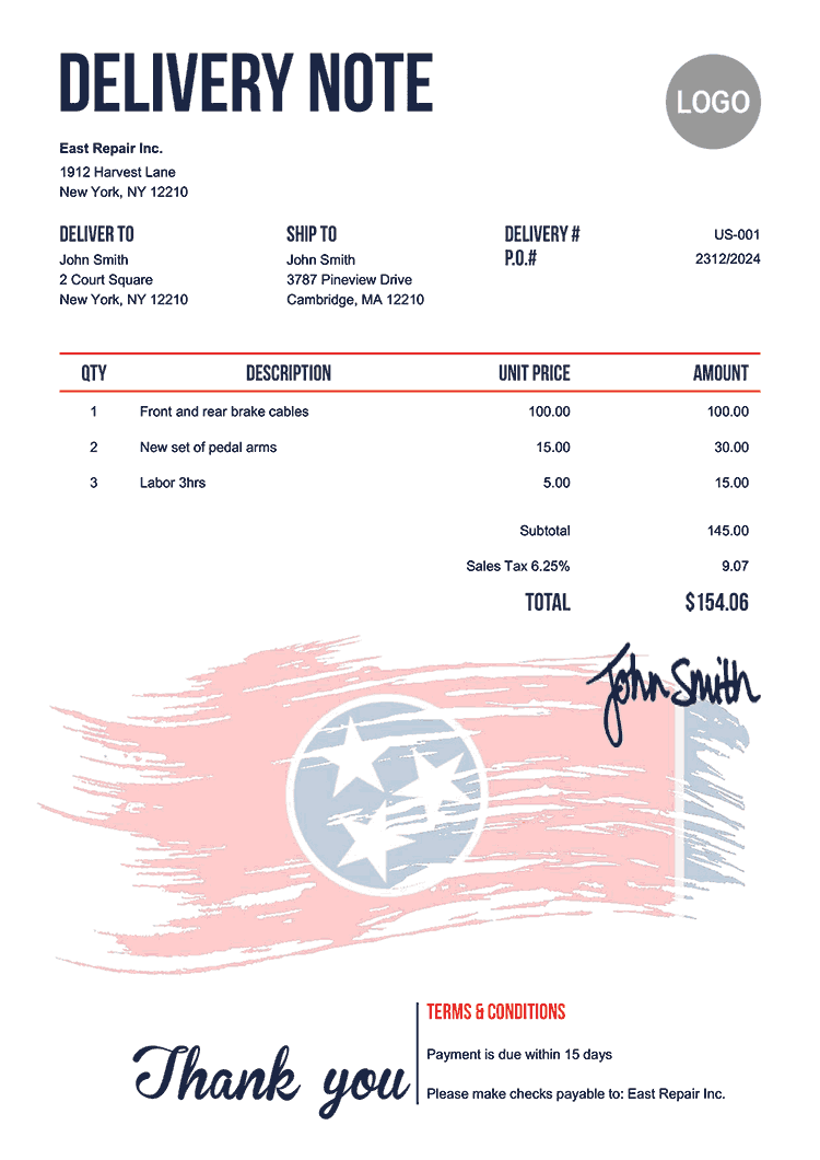 Delivery Note Template Us Flag Of Tennessee 