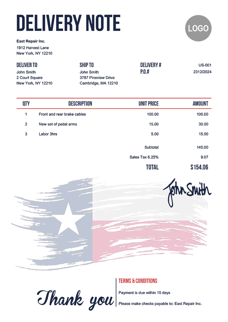 Delivery Note Template Us Flag Of Texas 