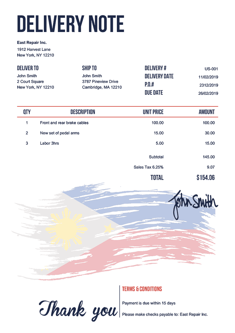 Delivery Note Template Us Flag Of The Philippines 