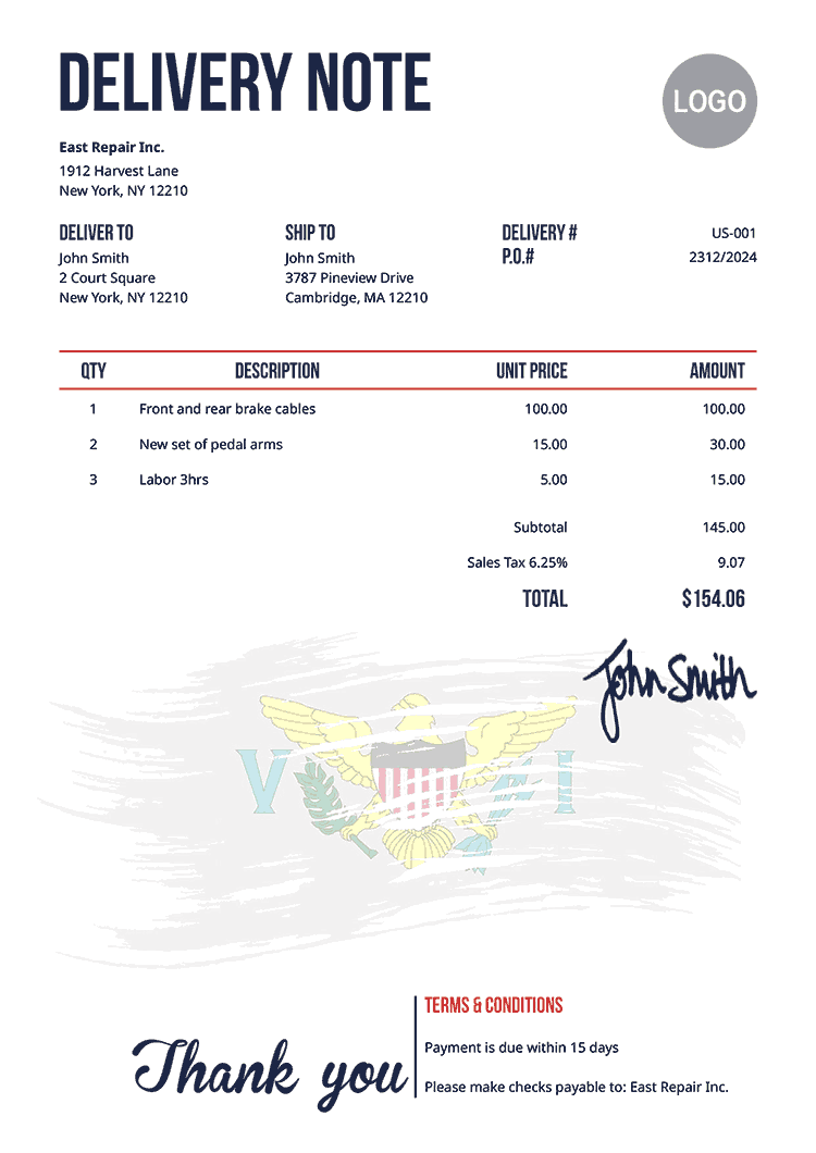 Delivery Note Template Us Flag Of Us Virgin Islands 