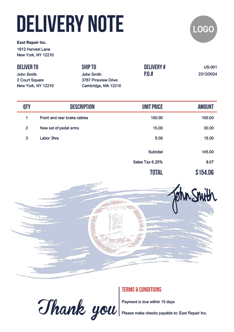 Delivery Note Template Us Flag Of Virginia 