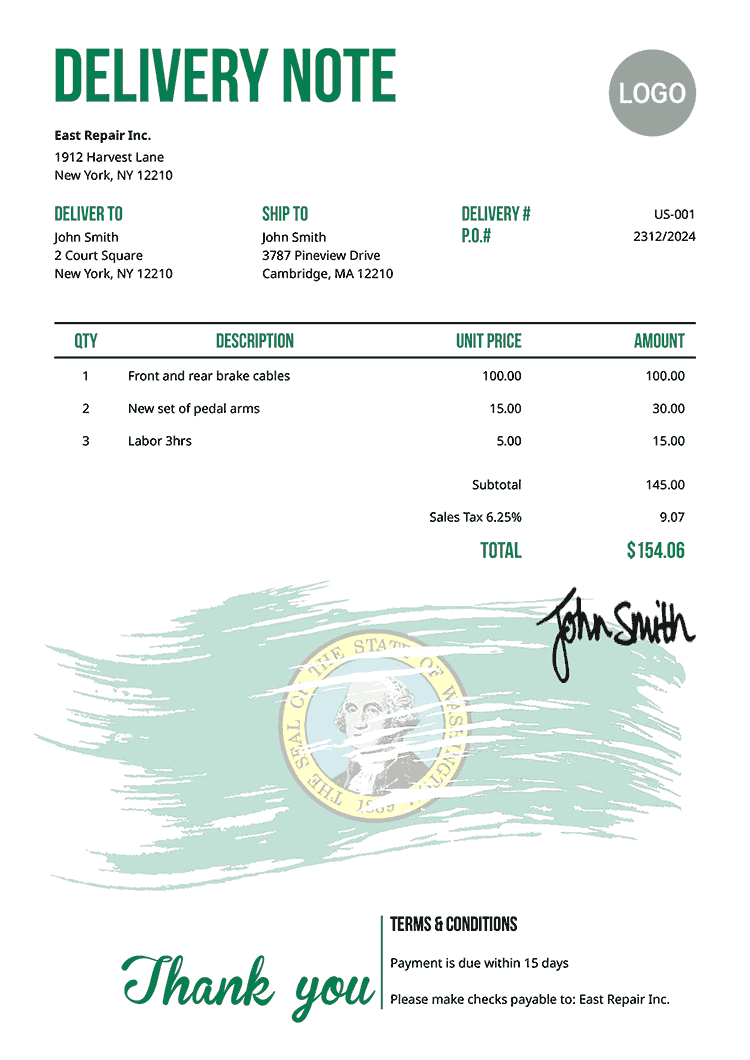 Delivery Note Template Us Flag Of Washington 