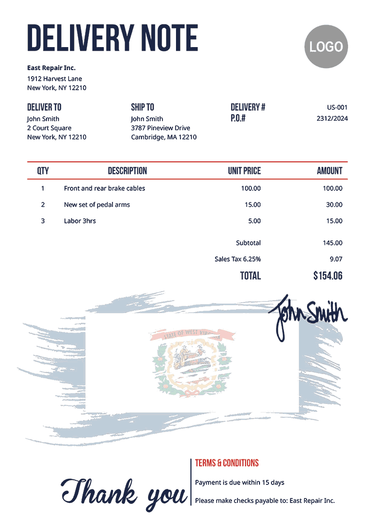 Delivery Note Template Us Flag Of West Virginia 