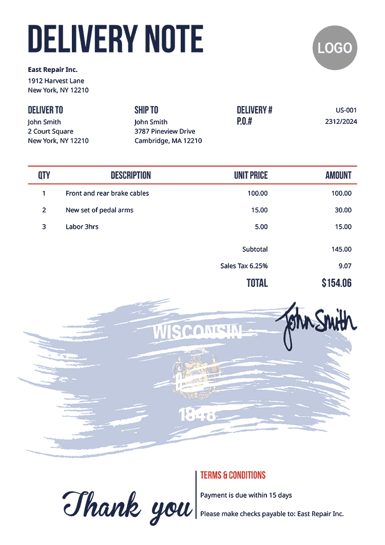 Delivery Note Template Us Flag Of Wisconsin 